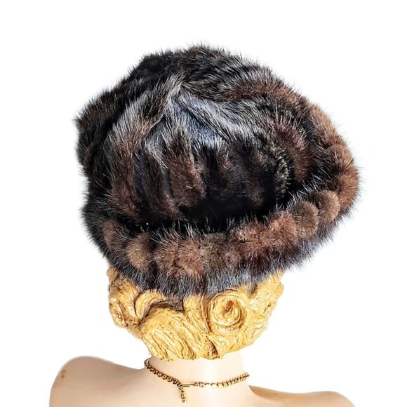 1960s True Vintage Dark Brown Genuine Mink Fur Rolled Brimmed Hat - Picture 3 of 6